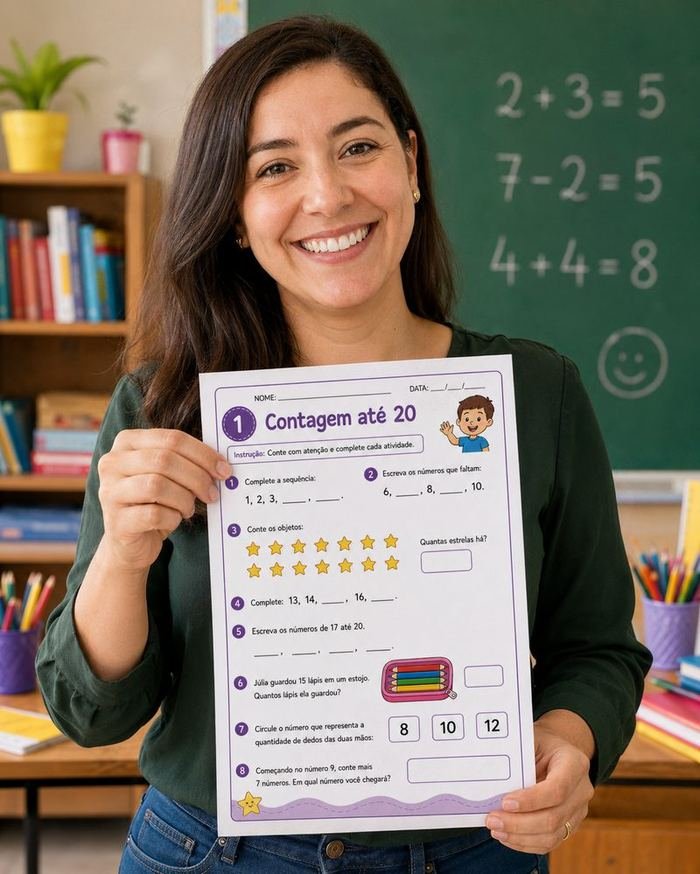 Professora sorridente segurando atividade de matemática impressa em sala de aula